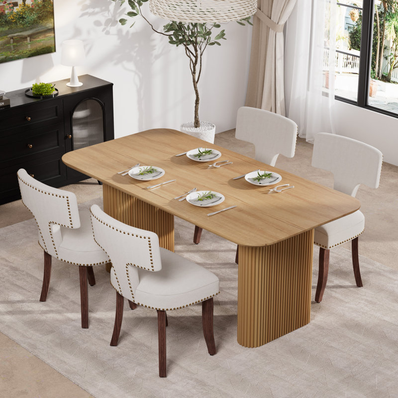 Rectangular Wooden Dining Set with Upholstery Dining Chair, Black, 5, Beige