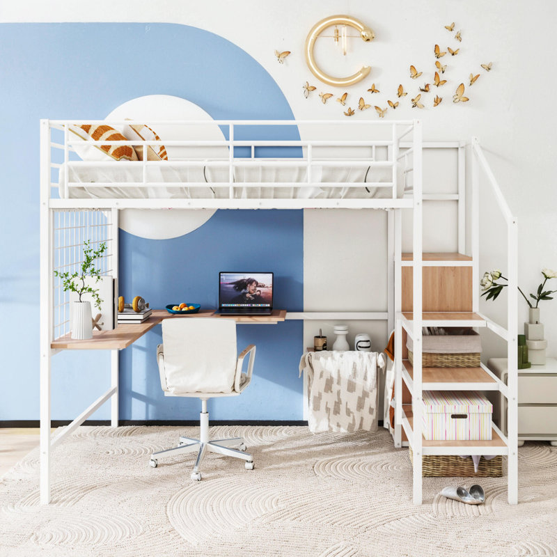 Lit mezzanine double en métal avec bureau et grille en métal, Blanc