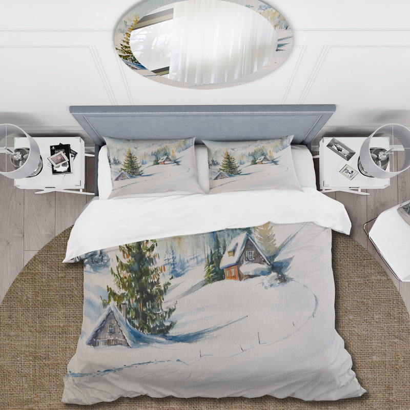 Little House In The Winter Mountains - Ensemble de housse de couette traditionnel - Microfibre de polyester