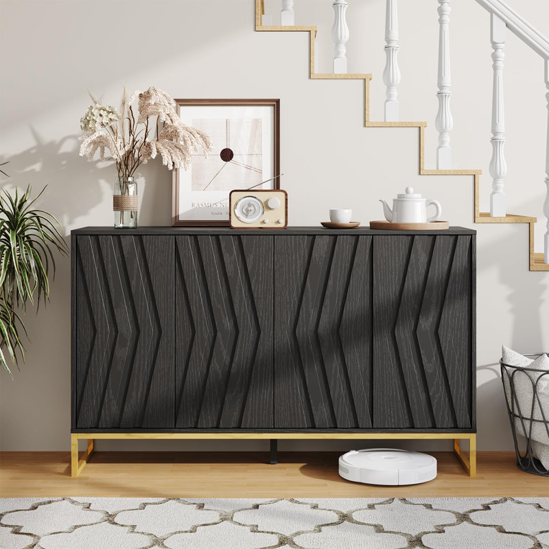 Modern Black MDF Buffet Cabinet with Gold Metal Legs, 55"