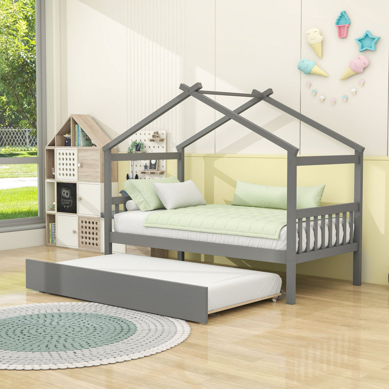 Lit en bois en forme de maison avec lit gigogne escamotable et tête de lit, Gris, Simple