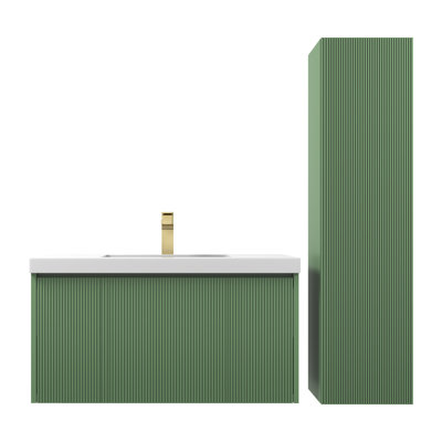 Meuble-lavabo mural 36 po avec lavabo en acrylique et armoire latérale Hisaw - devant cannelé, tiroirs à fermeture en douceur Hisaw