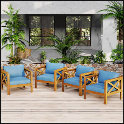 Ensemble de fauteuils club d'extérieur en bois d'acacia avec coussins résistants aux intempéries pour le confort du patio et du jardin