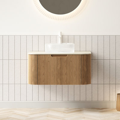 Meuble-lavabo rond transparent de 30 po, comptoir en pierre frittée à motif, armoire murale avec tiroir 3D, système de fermeture en douceur pour un fonctionnement en douceur, verre de meuble-lavabo en cristal préassemblé,