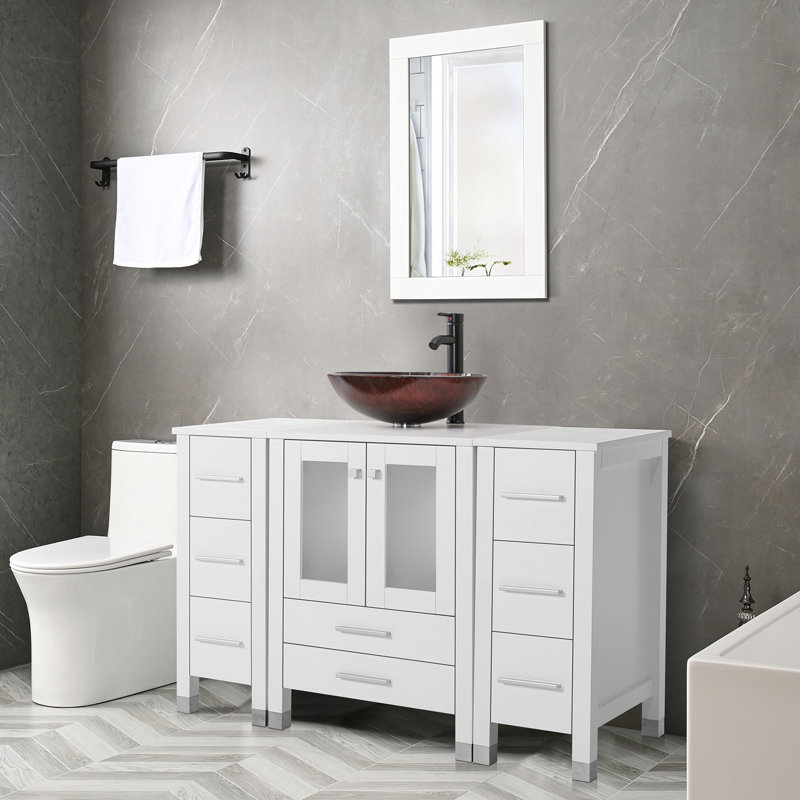 Getzel 48 Single Bathroom Vanity with Wood Top, Vessel Sink, Zinc Alloy Faucet, Solid Wood Legs, Brown, White