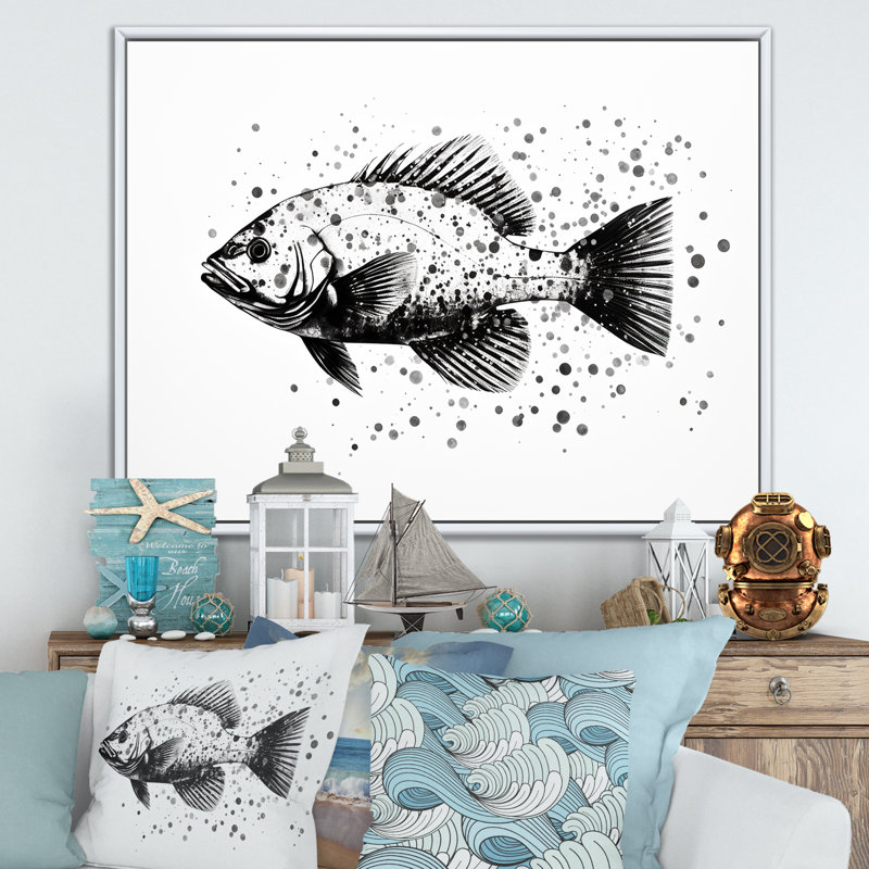 Monochromes noirs et blancs avec crevettes II - reproduction sur toile, Cadre flottant blanc, H 24 po x l 32 po x P 1 po