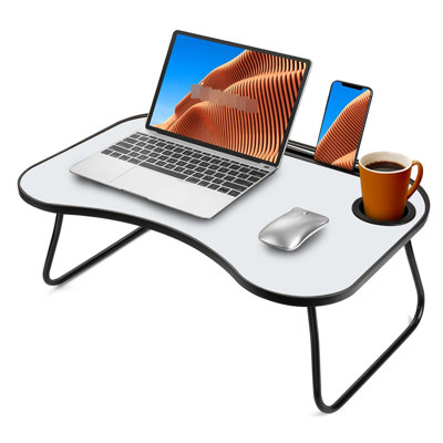 Gray+white Matte Metal & Wood Laptop Desk With Foldable Feature, Smooth Surface And Cup Groove, Ideal For Use In Bed, On Couch, Backyard Or During Long Car Trips, Adults' Work Made Of Wood, Design,