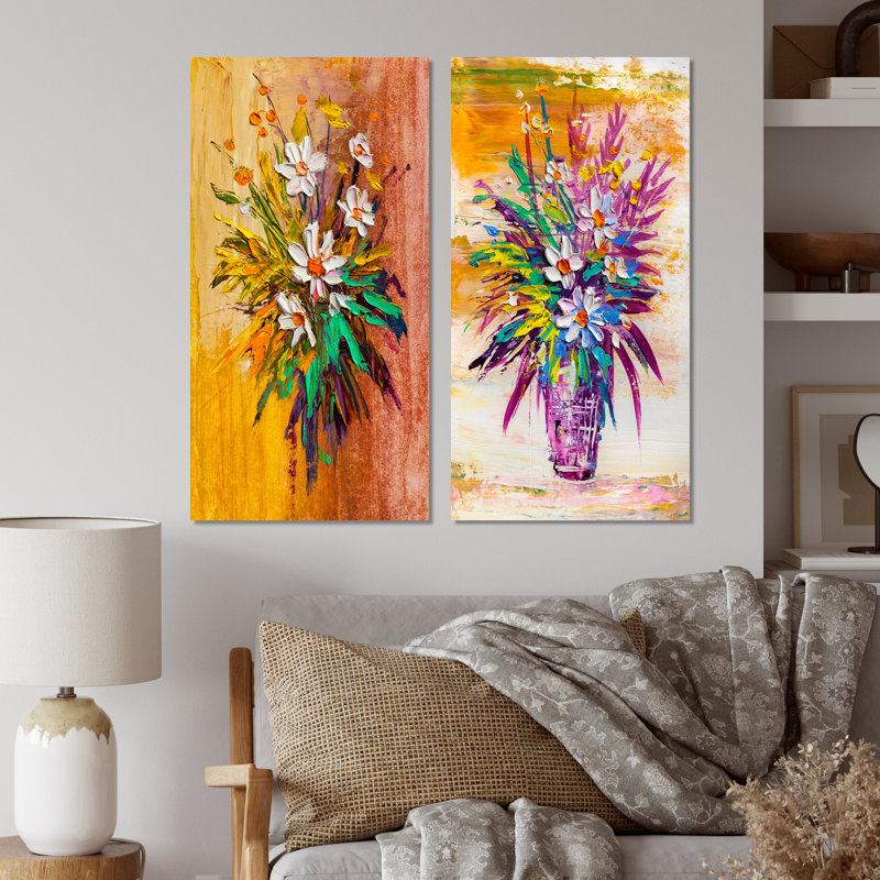 «Modern Bouquet of Daisy Flowers II», ensemble de 2 peintures sur toiles, Toile tendue, H 20 po x l 24 po x P 1 po