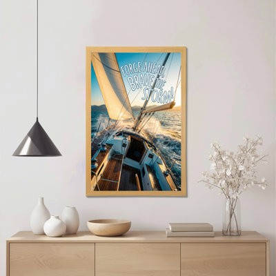 Bateau à voile avec slogan «Forge Ahead Brave The Storm», reproduction d'art sur toile tendue sur toile (ensemble de 1)