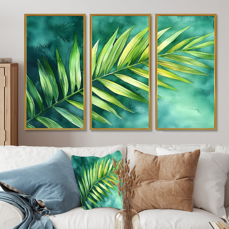 «Green Tropical Safari Palms IV», ensemble de 3 palmiers, H 32 po x l 48 po, Impression encadrée sans passe-partout, Doré