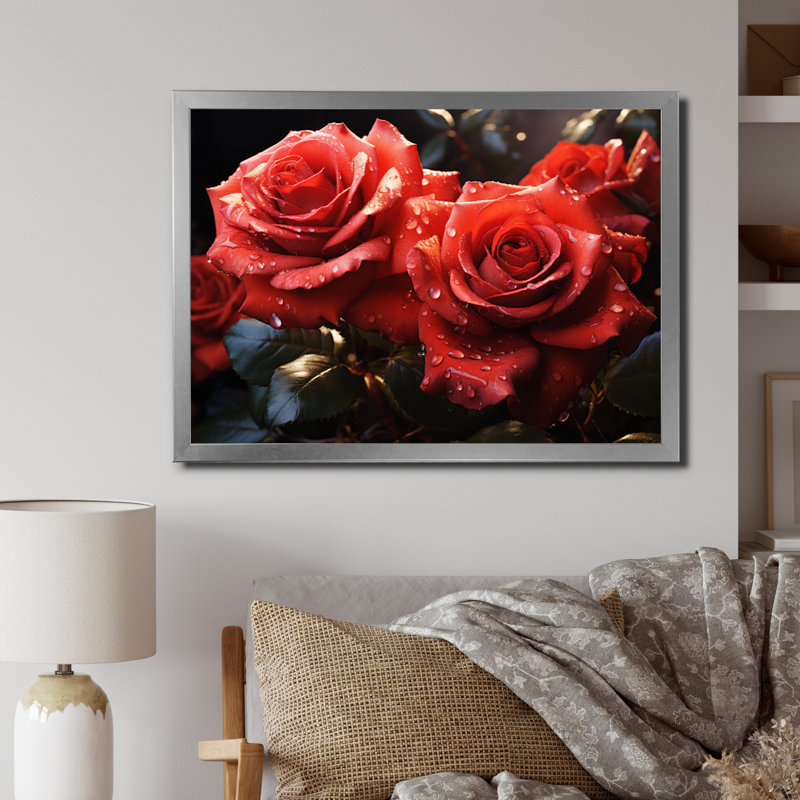 Roses rouges et noires lustrées du matin, Cadre simple argenté, H 30 po x l 40 po x P 1,5 po