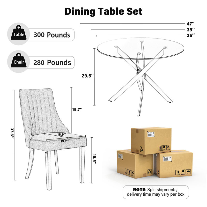 Modern Round Pedestal Dining Set with Chenille Dininig Chair, Gray Chairs, 5, Gold