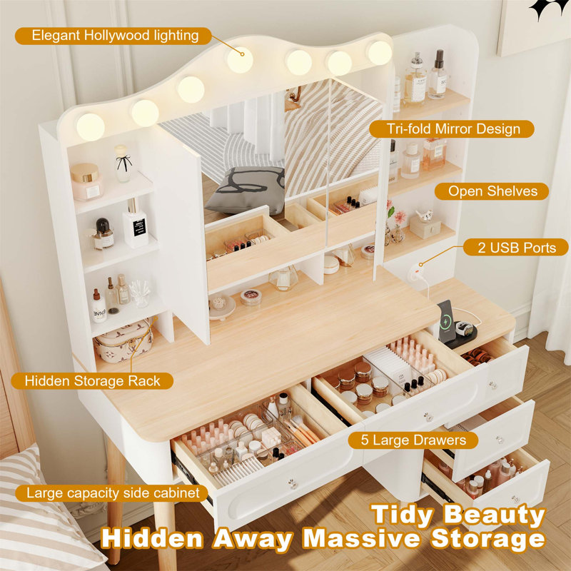 Bureau de coiffeuse avec miroir et lumières, coiffeuse de maquillage avec 2 ports USB, tiroir double et rangement pour commode, 3 modes d'éclairage, miroir pliable à trois côtés