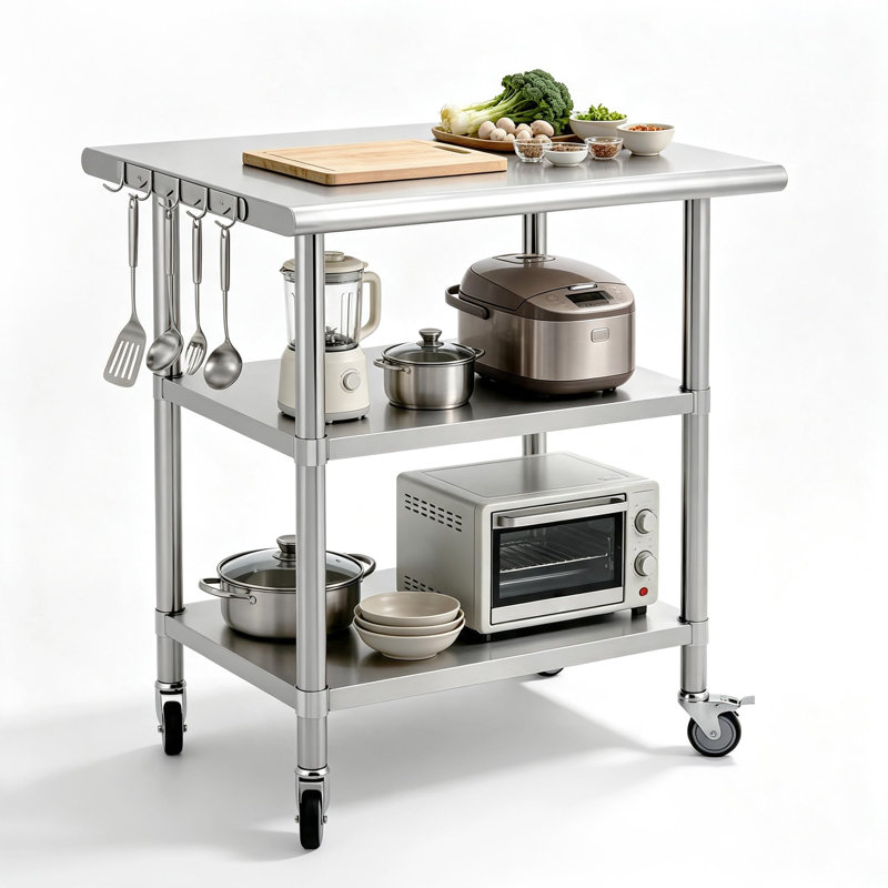Table de préparation à 3 niveaux en acier inoxydable avec roulettes et crochets, 61 cm L x 76 cm P, tablettes réglables, table de travail roulante pour cuisine professionnelle