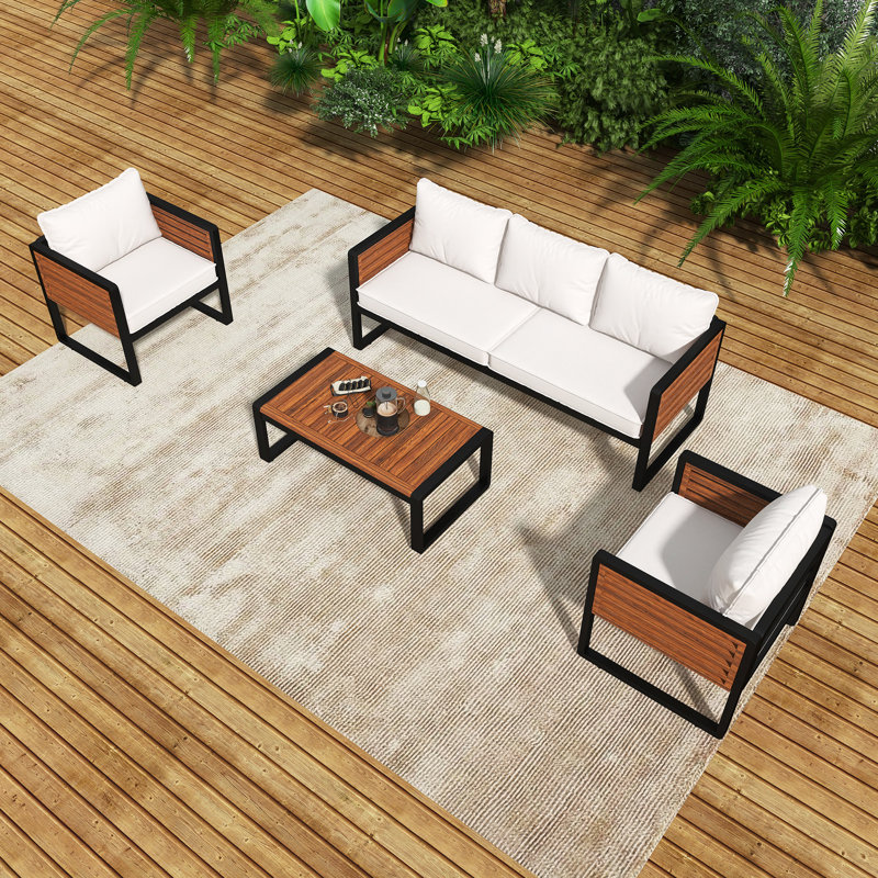 Ensemble de conversation 4 pièces avec canapé et coussins, Beige
