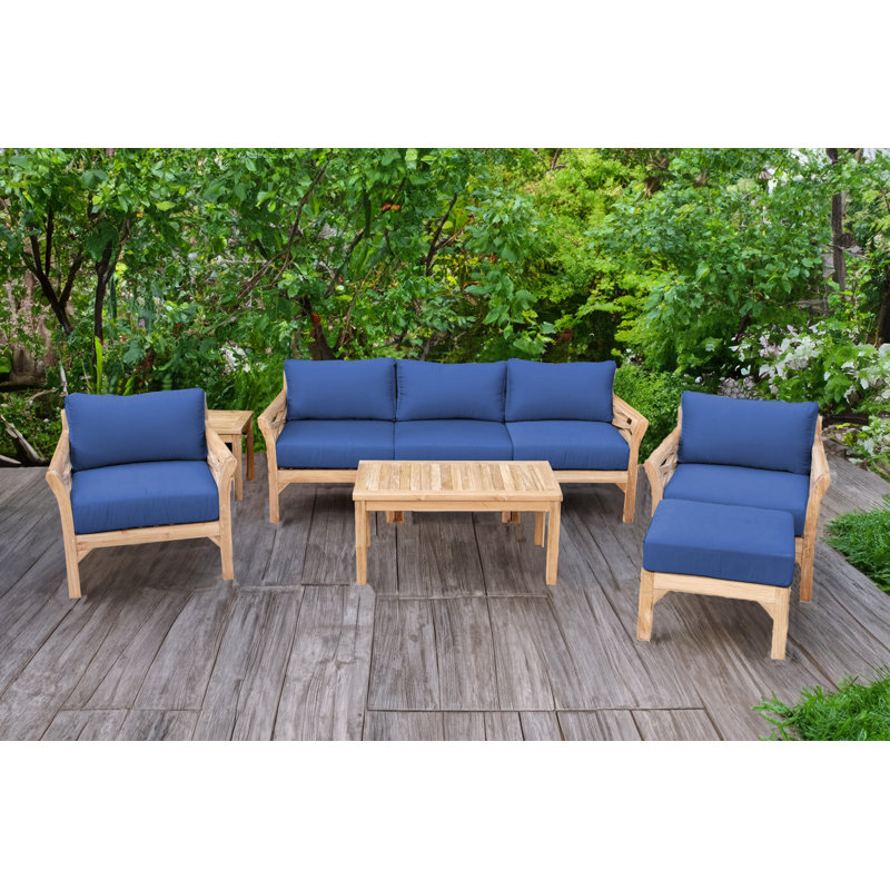 Monterey Outdoor Teak Conversation Set, 5 Pcs:  Sofa,Chair,Cushion,Table,Ottoman, Sapphire