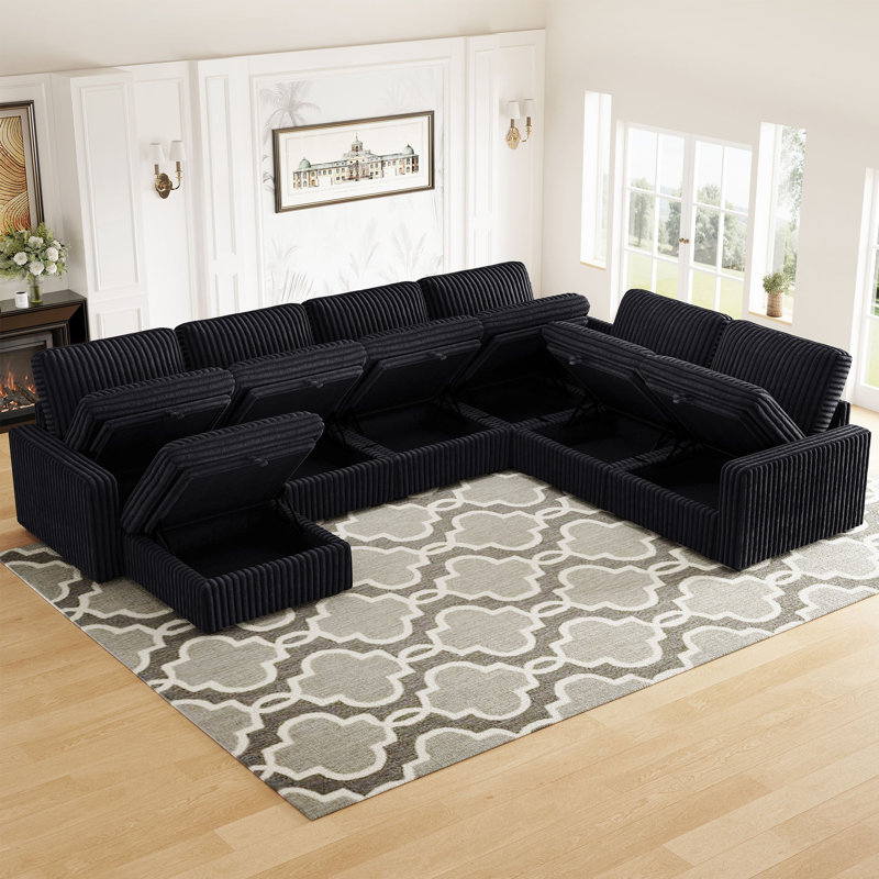 U-Shaped Stoarge Sofa Convertible Oversized Livingroom Couch, Black Corduroy