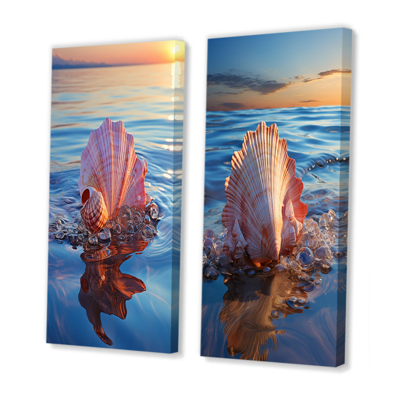 Seashell Oceanic Elegance At Sunset - Seashell Wall Art Prints Set Of 2, 28" H x 25" W, Wrapped Canvas