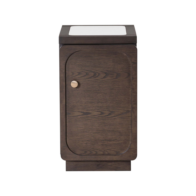 Table d'appoint transitionnelle en noyer foncé avec plateau en pierre de quartz, port USB et poignée dorée pour le salon | Idée de cadeau