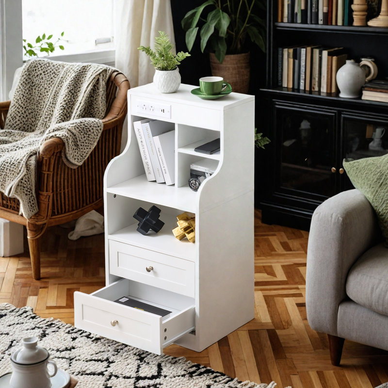Set Of 2 Tall Nightstand With Charging Station And LED Lighting, 2 Drawers, White