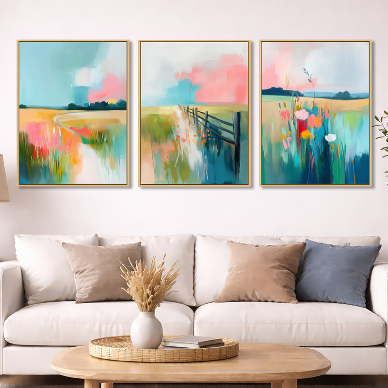 Décoration murale rose et bleue Summer Farm Terres - Meadow, H 32 po x l 72 po, Cadre flottant en bois naturel