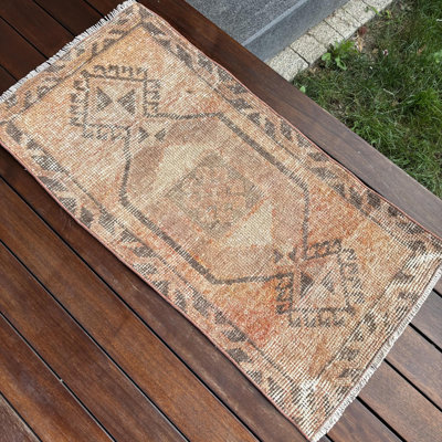 Vintage Turkish Rug in Small Size Ideal as Door Mat with Vibrant Orange Antique Oushak Wool Design