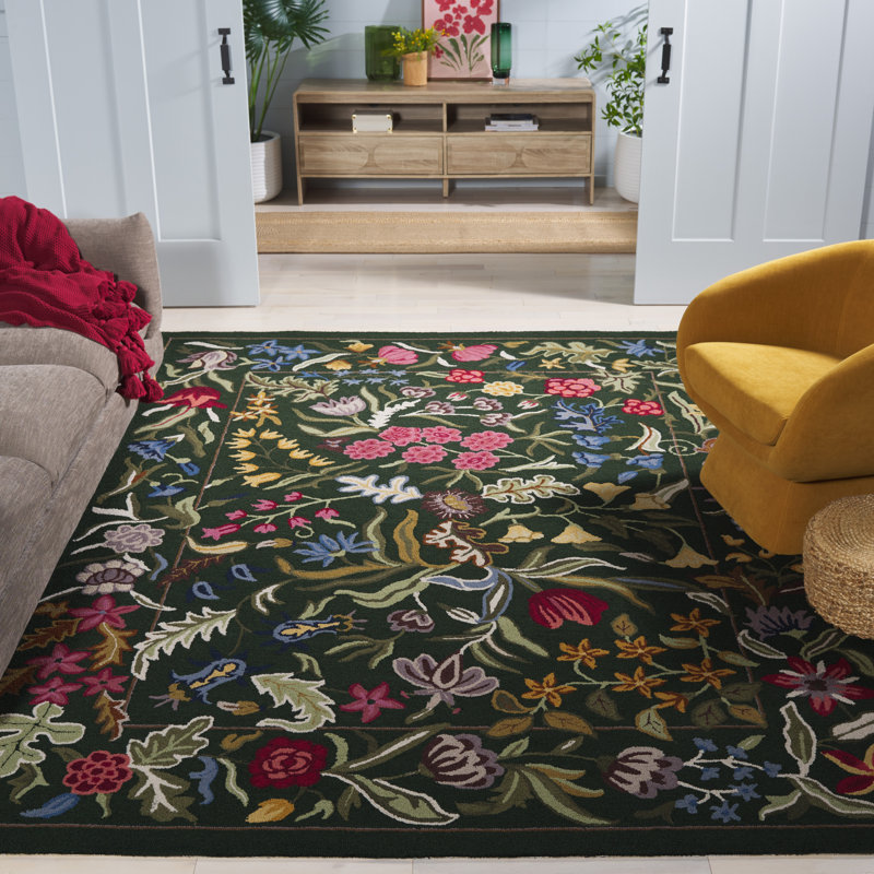 Tapis rose / vert en laine touffeté à la main Loundin, Rectangle 8 pi x 10 pi