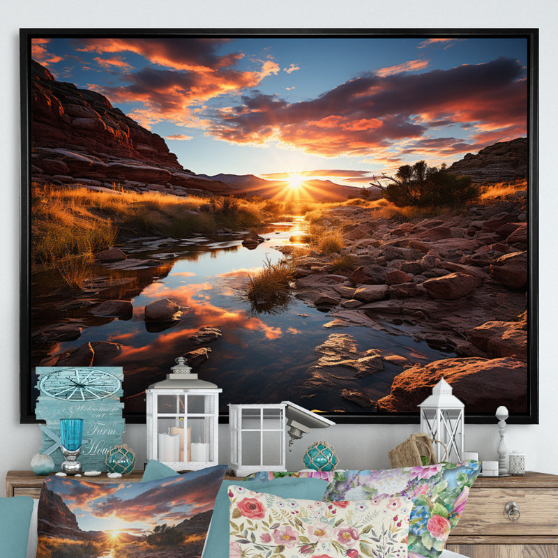Coucher de soleil à Utah Mountain II - Utah, art mural, H 24 po x l 32 po x P 1 po, Cadre flottant noir