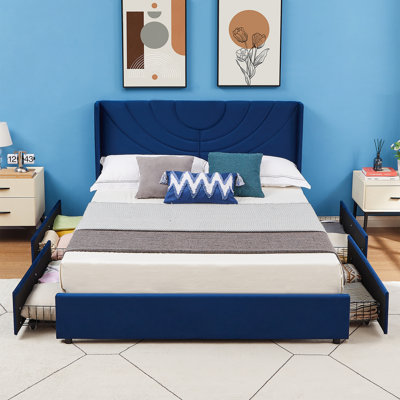Auxter Upholstered Platform Bed Frame With Wingback Headboard And 4 Drawers Under Bed Storage, Wooden Slats Support, No Box Spring Needed