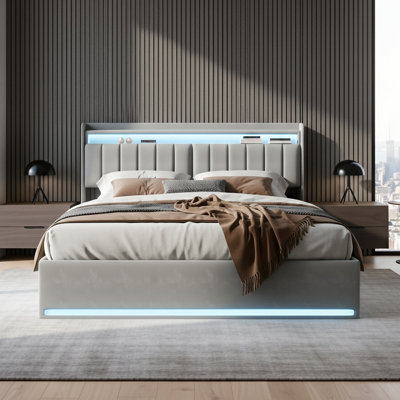 Modern Velvet Upholstered Ottoman Bed With Surround LED Lights & Storage Headboard, European Double & King Size Frame With USB-C Port, Grey & Beige
