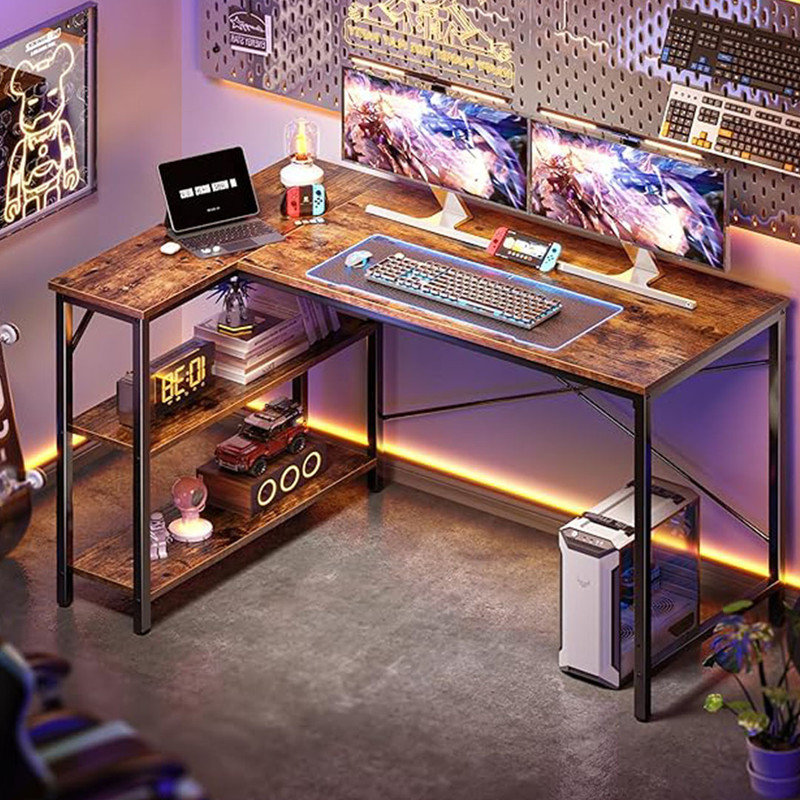 47 Inches L Shaped Desk, Computer Desk with Reversible Storage Shelves, Writing Desk Study Desk with Metal Frame, Rustic Brown
