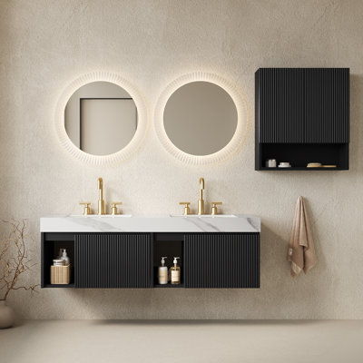 Ensemble meuble-lavabo suspendu EIDEN 60 po + TOBI 26 po avec rangement intégré, comptoir en pierre frittée blanche de Carrare, vasques en céramique, 3 trous prépercés pour robinetterie, robinetterie et bonde non inclus, coloris noir.