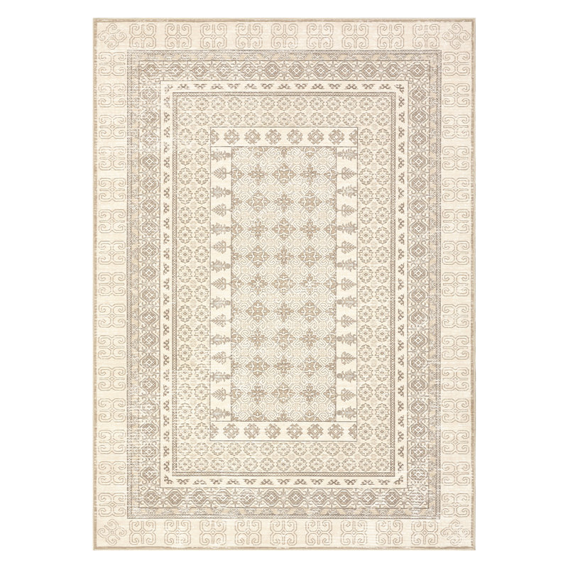 Tapis à bordure géométrique lavable à la machine, Beige, 5 x 7 pi