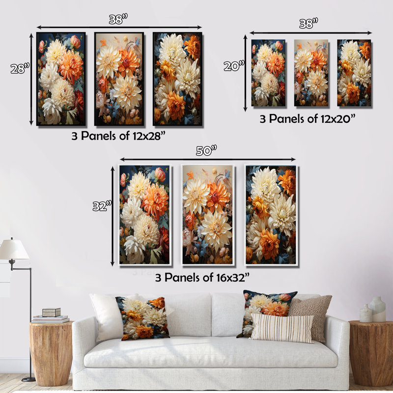 «Chrysanthemums Autumn Collage», 3 pièces sur toile, H 28 po x l 36 po, Cadre noir