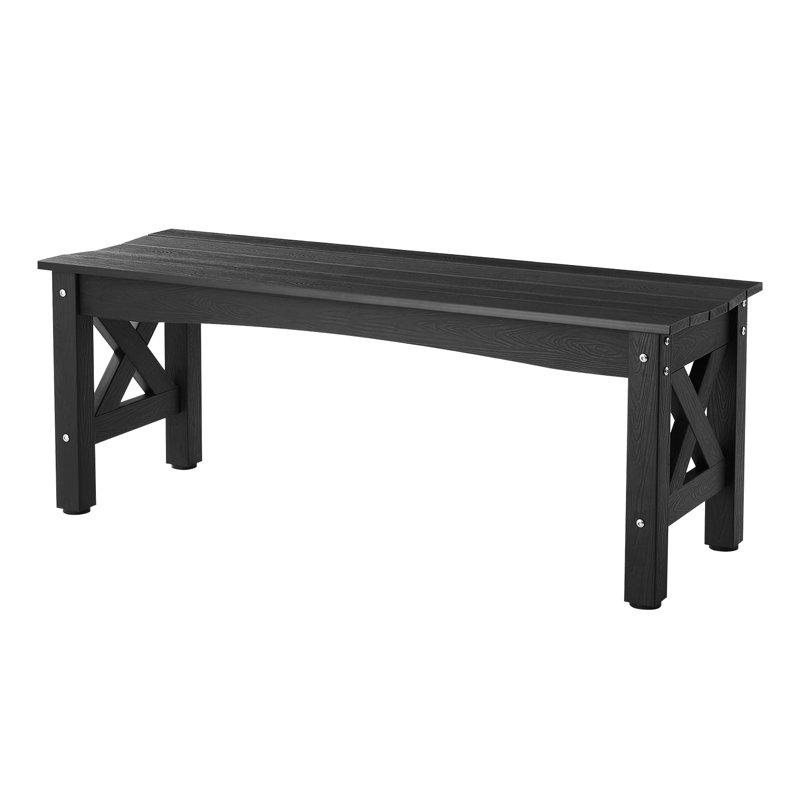 44.5 Inch Outdoor Patio Bench In Black Plastic With Comfortable Seating And Wood - Look Finish 600 Lbs Made Of Cross Leg Design Curved Seats For