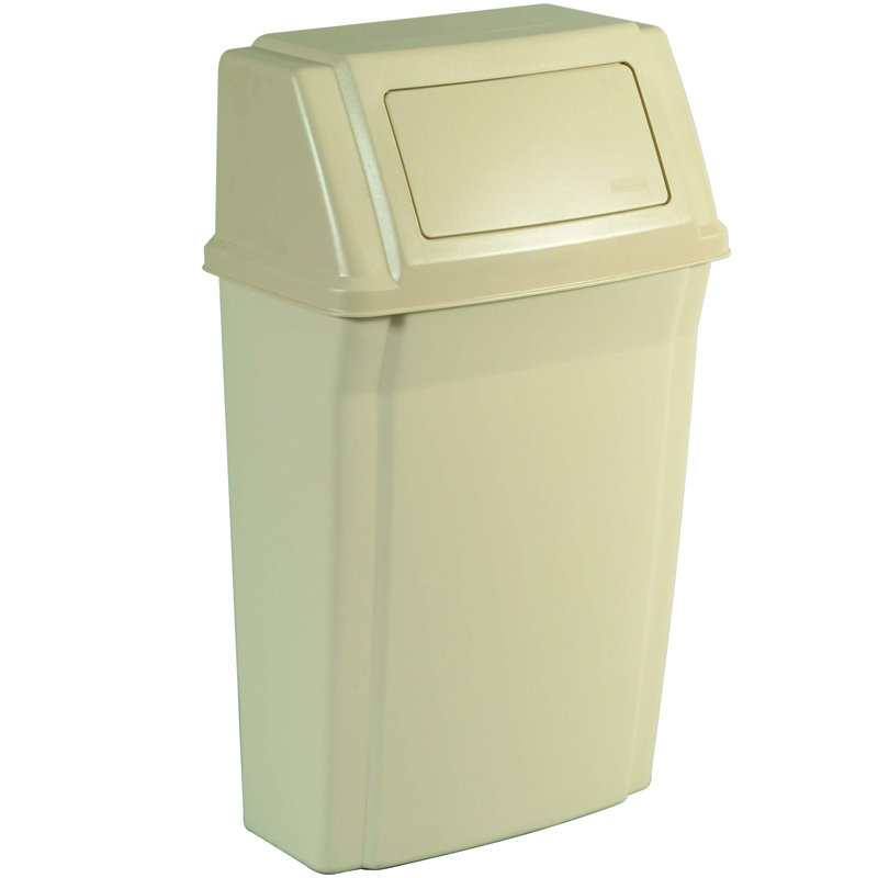 Beige 15-Gallon Wall-Mounted Plastic Trash Bin