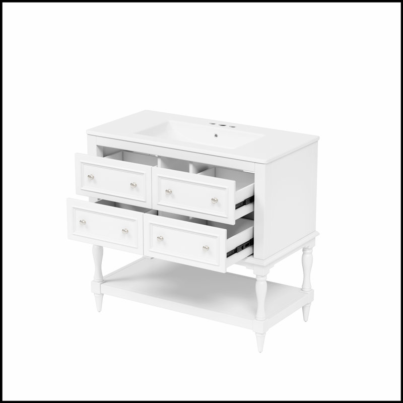 Armoire de meuble-lavabo 36 po avec lavabo encastré en céramique, 4 tiroirs et structure en bois massif pour salle de bain moderne