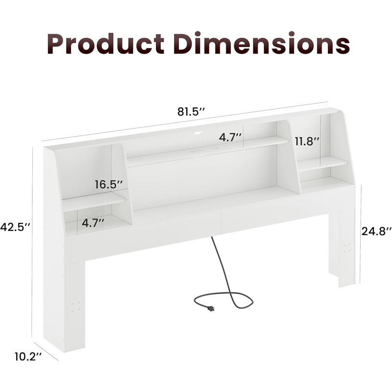 Modern Storage Headboard with LED Lights & Built-in Charging Station,  Bookcase Headboard with Open Shelves for Bedroom