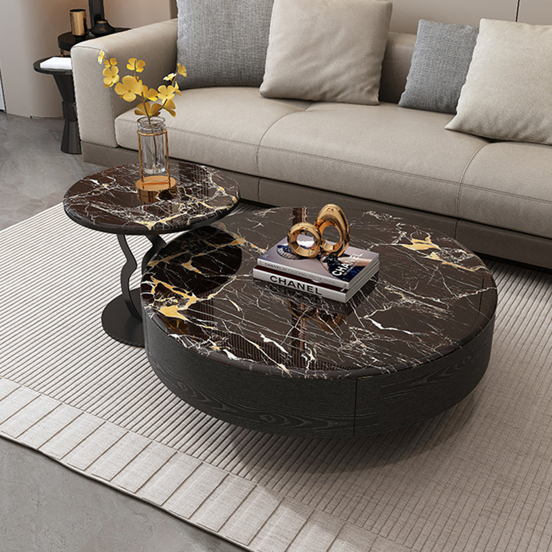 Table basse italienne ronde en pierre supercristalline, Noir, noir, noir, noir