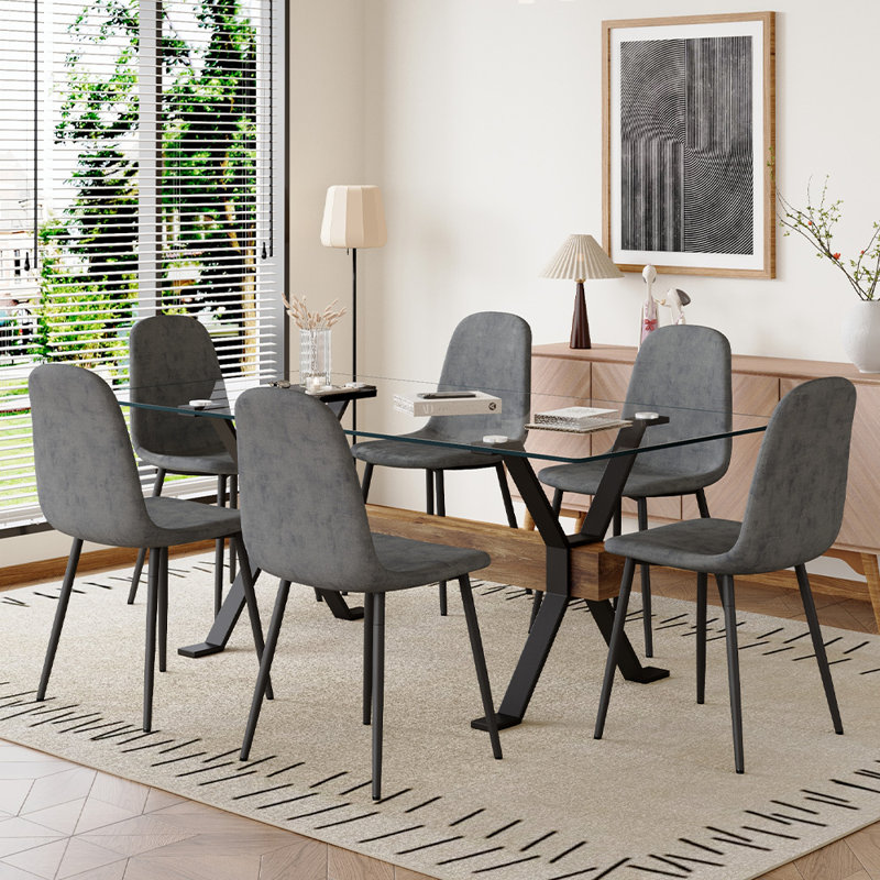 71'' Clear Glass Top Dining Table with Brown Faux Leather Chairs
