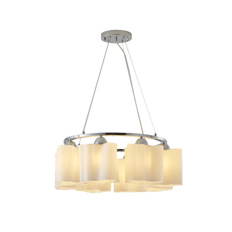 Lustre en fer chromé à 8 lumières avec abat-jour en verre opale blanc