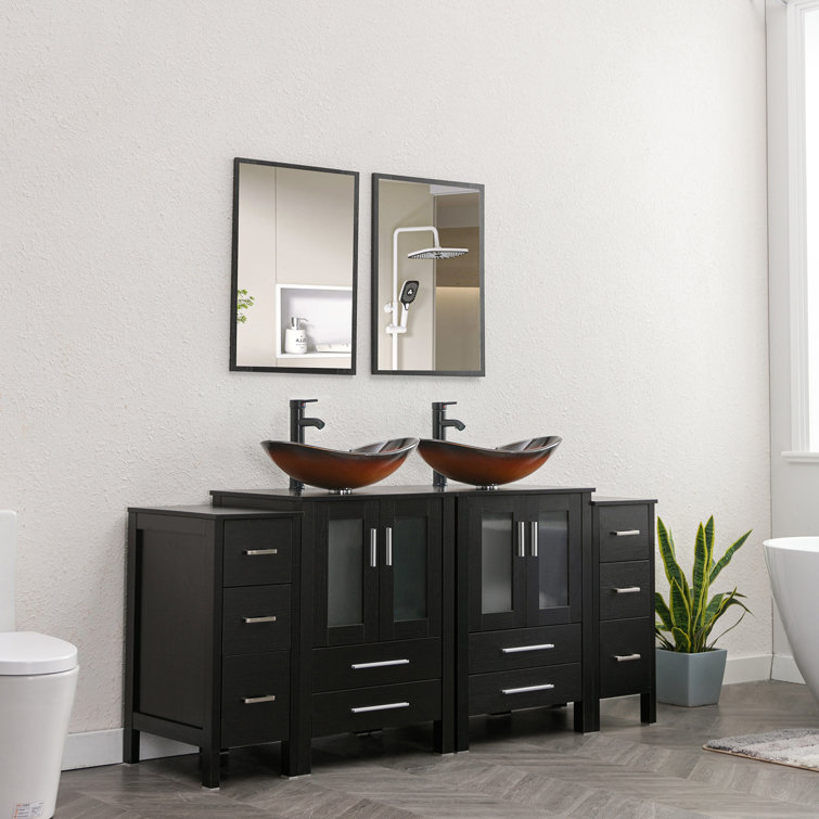 Brazel 72'' Free Standing Double Bathroom Vanity with Glass Top with Mirror