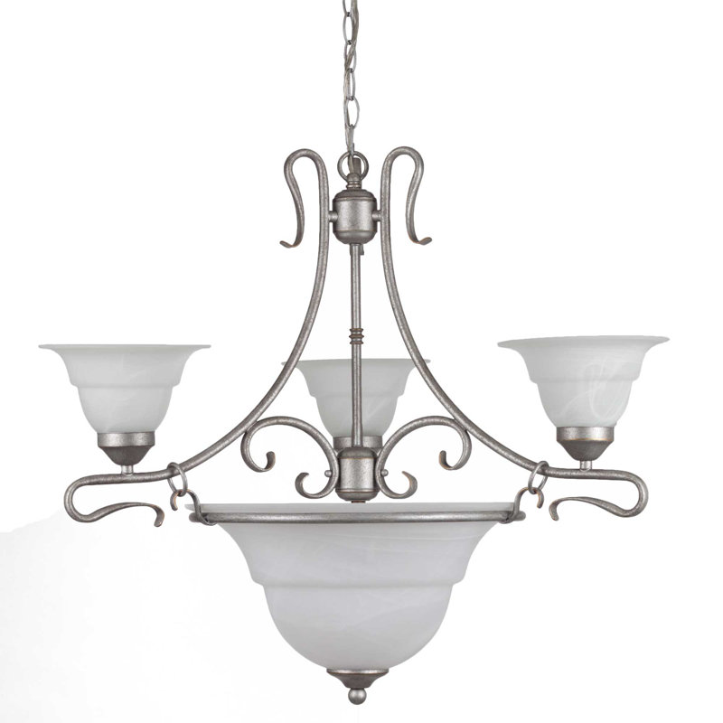  Lustre argenté antique à 6 lumières 1786-8 Toledo avec bol en verre albâtre et abat-jour cloche
