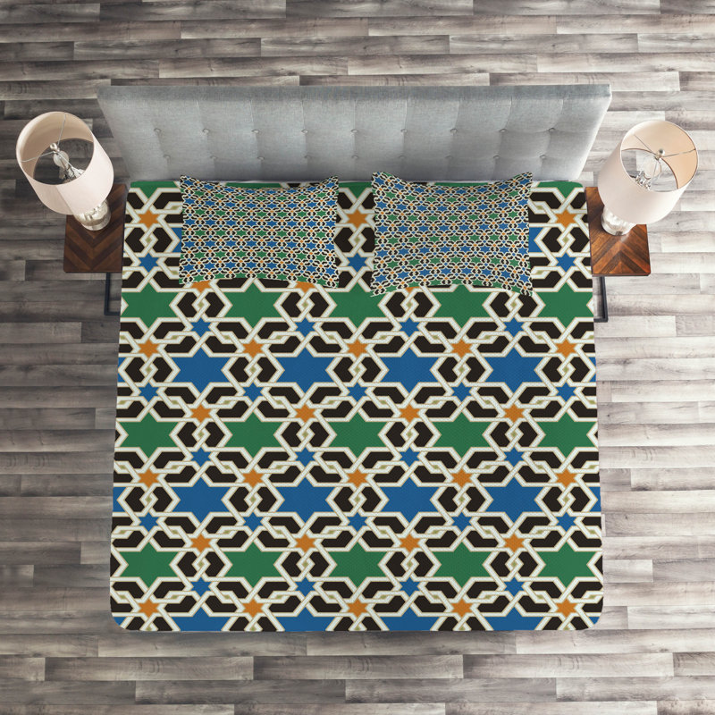 Morrocan Eclectic Polyester Ikat Coverlet, King Bedspread + 2 Shams, Green Geometric