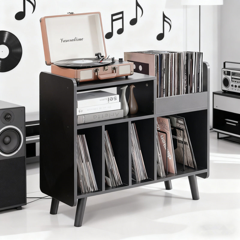Large Record Player Cabinet With Open Vinyl Storage, Media Console Stand, Black