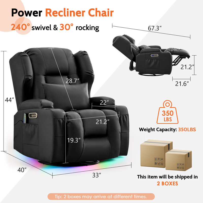 Fauteuil inclinable, berçant et pivotant à deux moteurs avec massage et chaleur, cuir PU noir, 1 fauteuil, Noir
