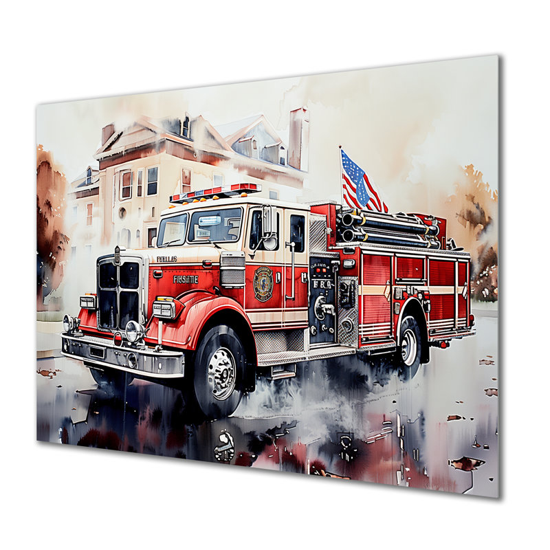 Camion de pompier dans le salon Hamptons III - Art mural, Métal métal, H 30 po x l 40 po x P 1,5 po
