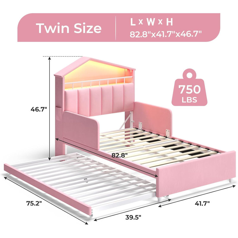 Structure de lit simple avec lit gigogne et lumières DEL, lit en velours pour filles avec tête de lit en forme de maison et station de charge, rose