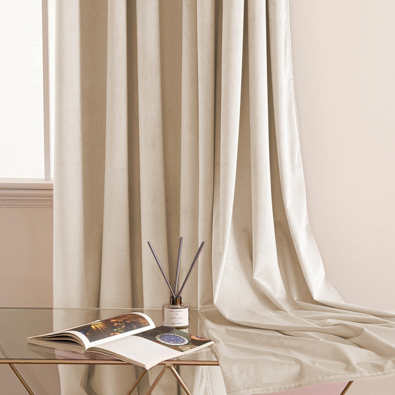 Thermal Velvet Curtains with Eyelet Ring Top - Blackout Crushed Velvet Drapes Pair, 168cm Width x 183cm Drop, Beige