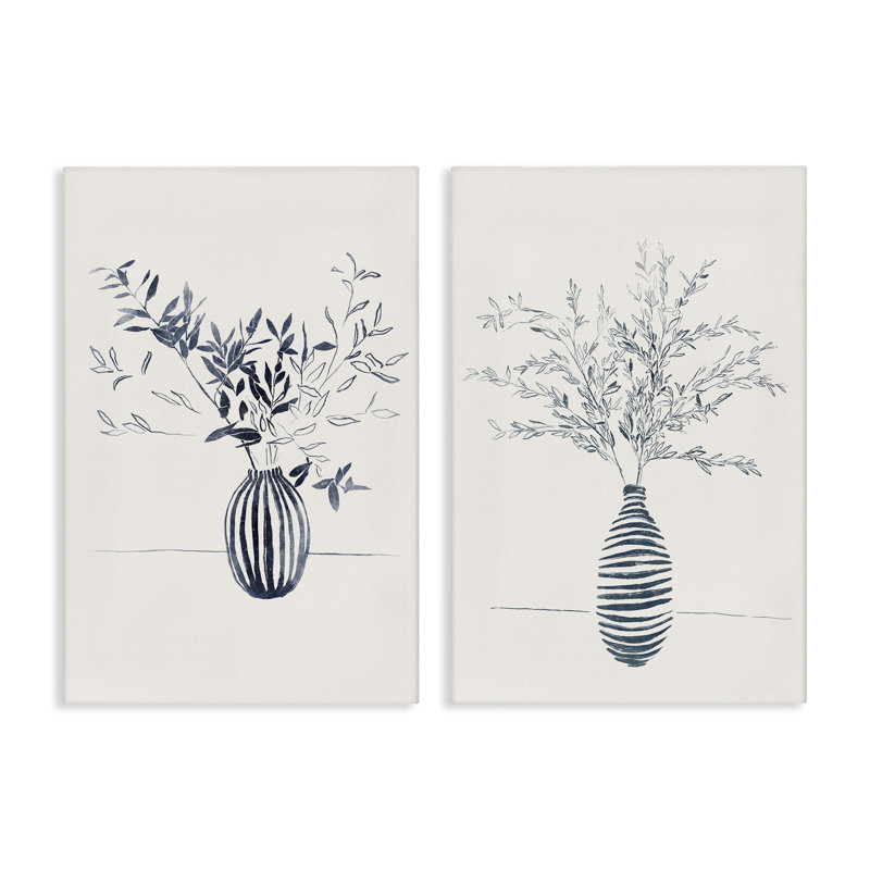 Ensemble de 2 vases rayés à motif floral sur toile par Yuyu Pont, H 48 po x l 32 po